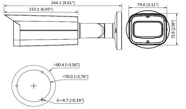 Schema dettagliato con le dimensioni della telecamera HAC-HFW2802T-A-I8 Dahua