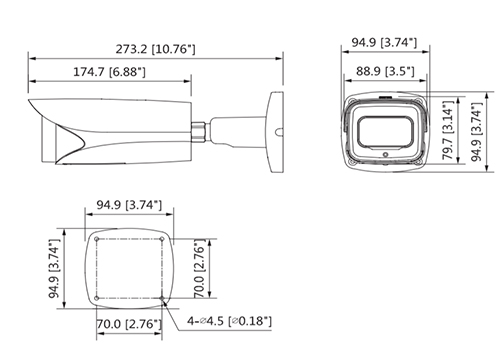 Schema dettagliato con le dimensioni della telecamera HAC-HFW3802E-ZH-VP Dahua
